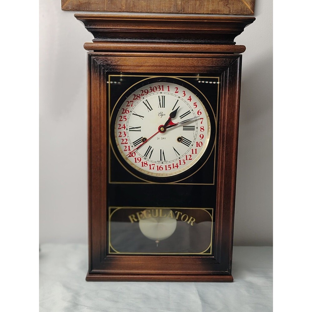 Elgin 31 Day Regulator Pendulum Hanging Wall Clock Wood/Glass Roman Numerals